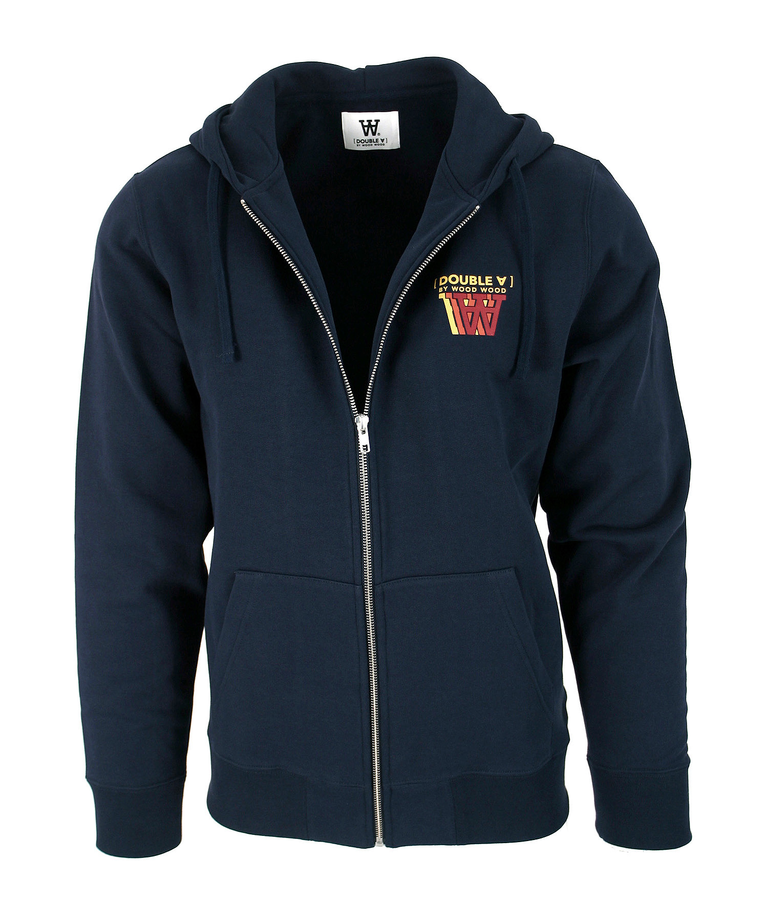 DOUBLE A by WOOD WOOD ZAN STACKED LOGO ZIP HOODIE in Navy made from organic  cotton with chest- and back print, zipper and front pockets in a casual  Regular Fit